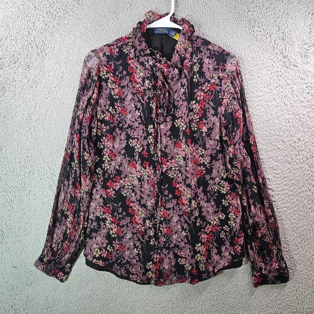 Polo Ralph Lauren Shirt Top Women Large Lined Long Sleeve Floral Black Red